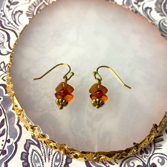 Handmade Gold Tone Stacked Stone Dangle Earrings - Picture 1 of 3